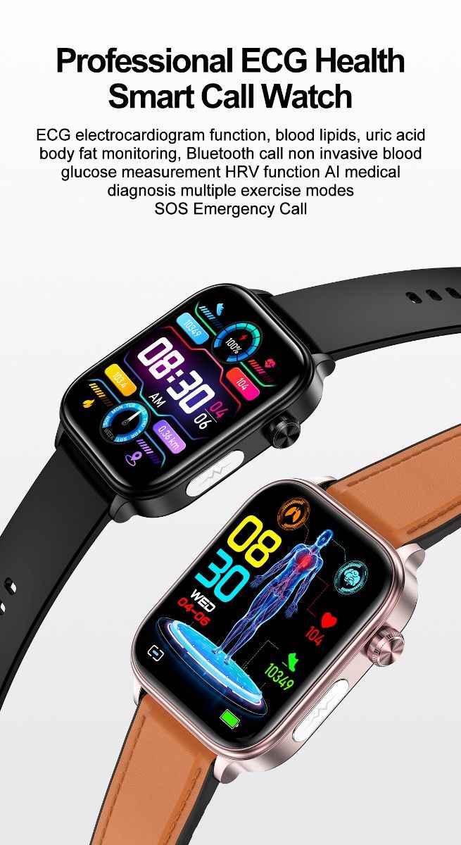 Inteligentné hodinky ET570: glukóza v krvi, EKG, srdcová frekvencia. AI diagnostika, Hband, monitor zdravia.