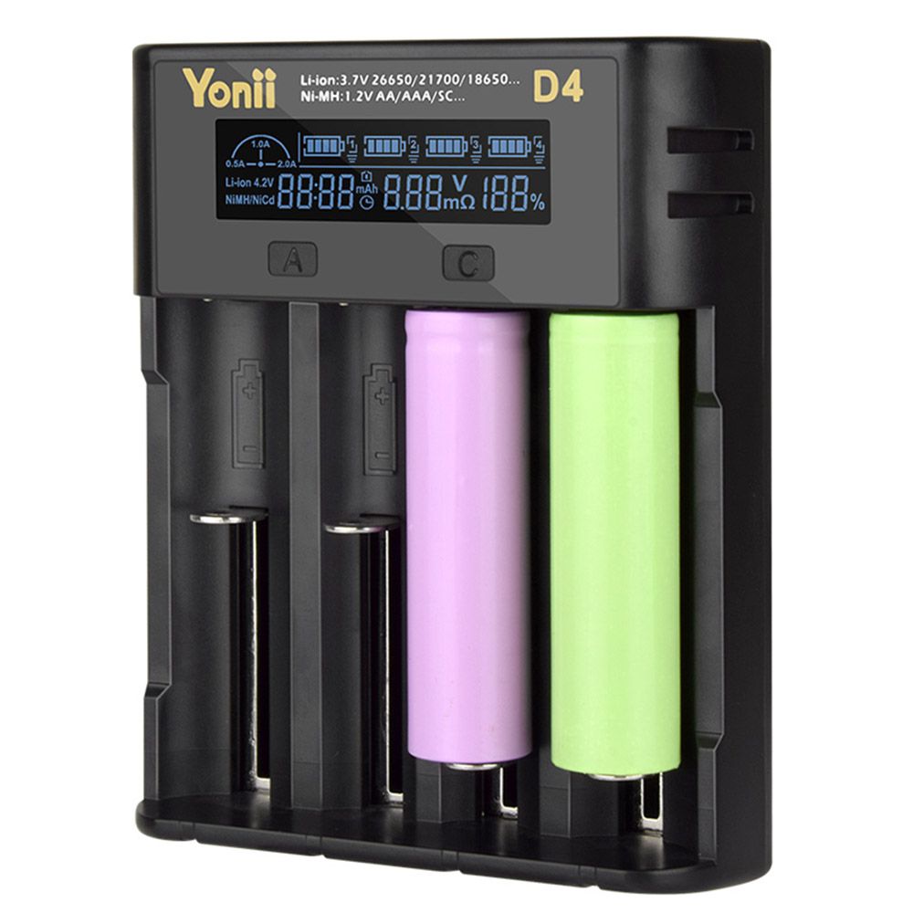 YONII D4 LCD 4-slotová nabíjačka batérií pre 18650 21700 26650 lítiové AA AAA Ni-Mh batérie