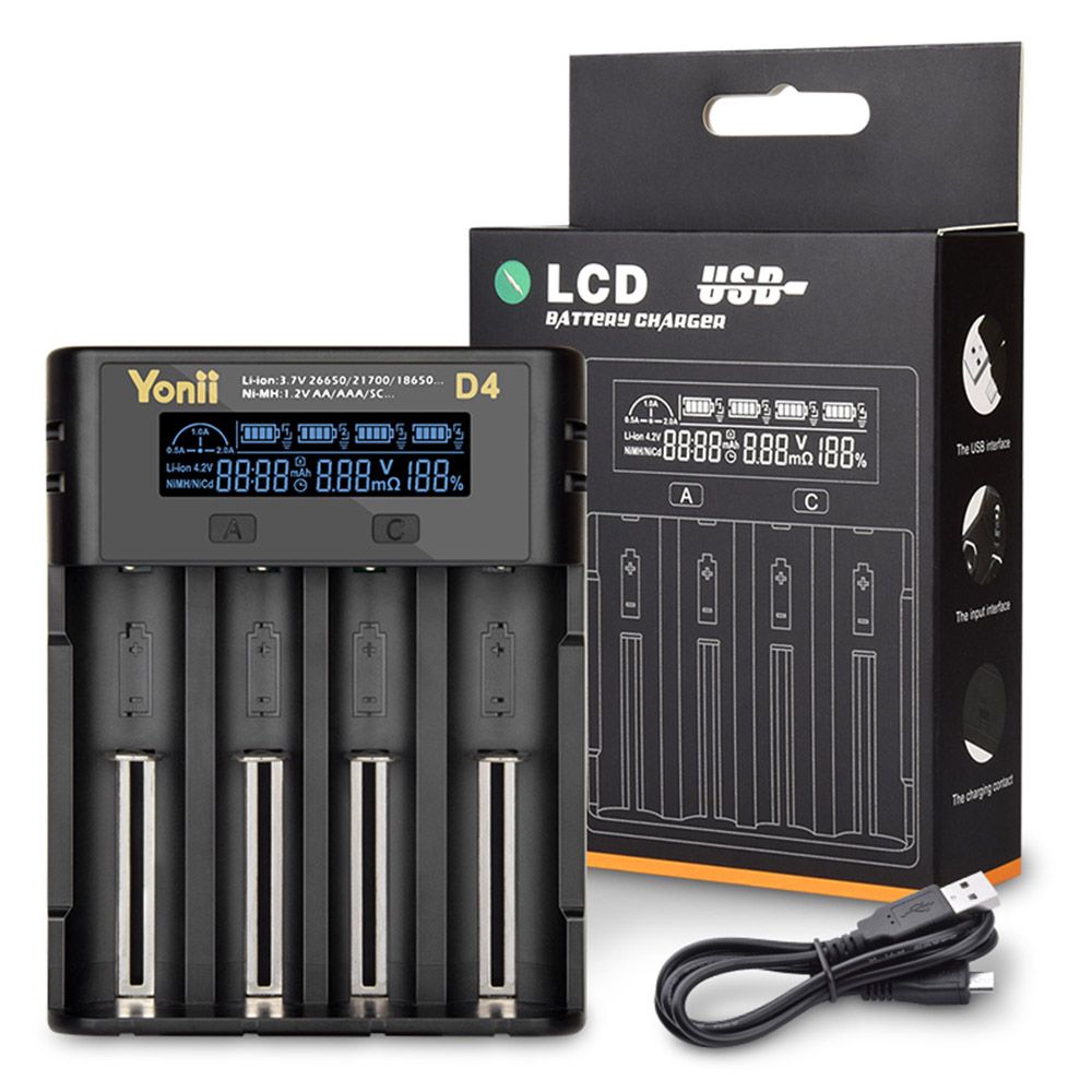 YONII D4 LCD 4-slotová nabíjačka batérií pre 18650 21700 26650 lítiové AA AAA Ni-Mh batérie