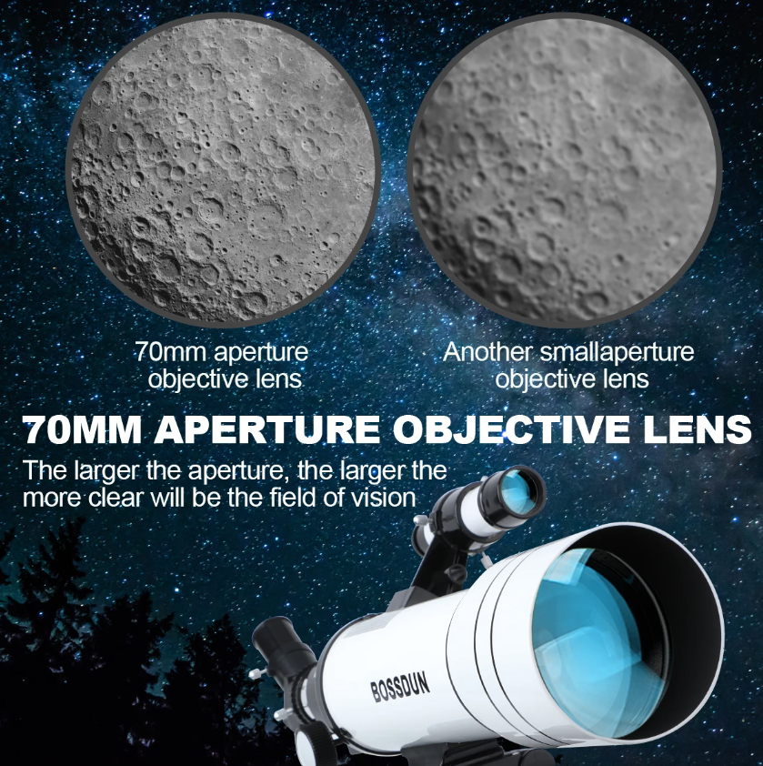 Bossdun teleskop 333X zväčšenie astronomický teleskop pre deti na pozorovanie hviezd a mesiaca 70 mm objektív