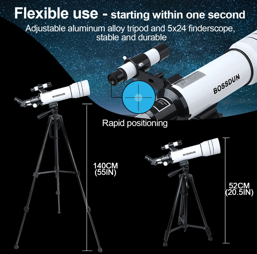 Bossdun teleskop 333X zväčšenie astronomický teleskop pre deti na pozorovanie hviezd a mesiaca 70 mm objektív