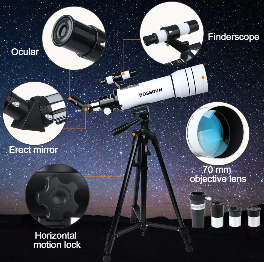 Bossdun teleskop 333X zväčšenie astronomický teleskop pre deti na pozorovanie hviezd a mesiaca 70 mm objektív