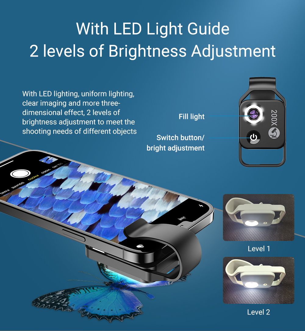 APEXEL 200X mikroskopická šošovka s CPL mobilným LED svetlom pre iPhone Samsung, ideálne pre makro fotografiu