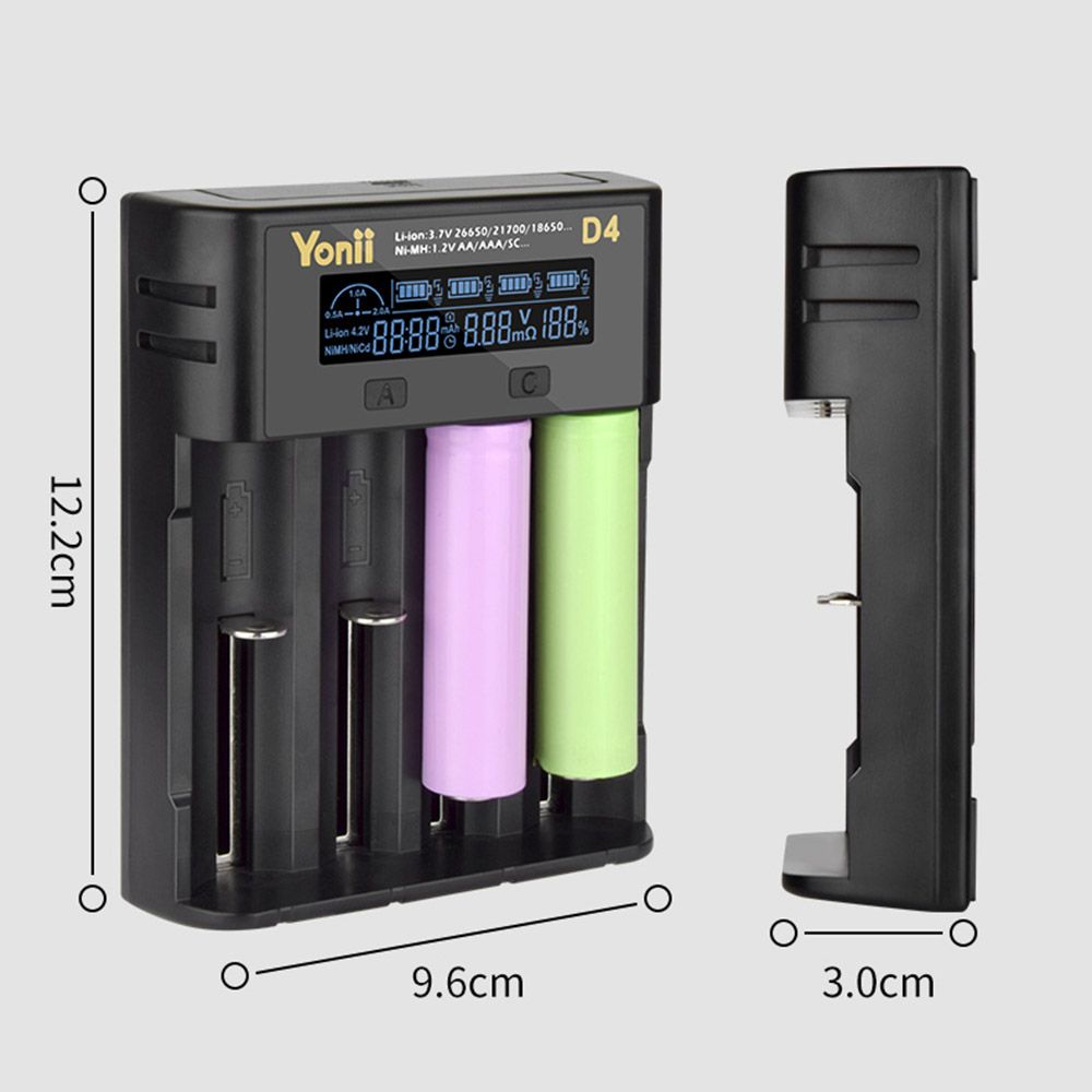 YONII D4 LCD 4-slotová nabíjačka batérií pre 18650 21700 26650 lítiové AA AAA Ni-Mh batérie