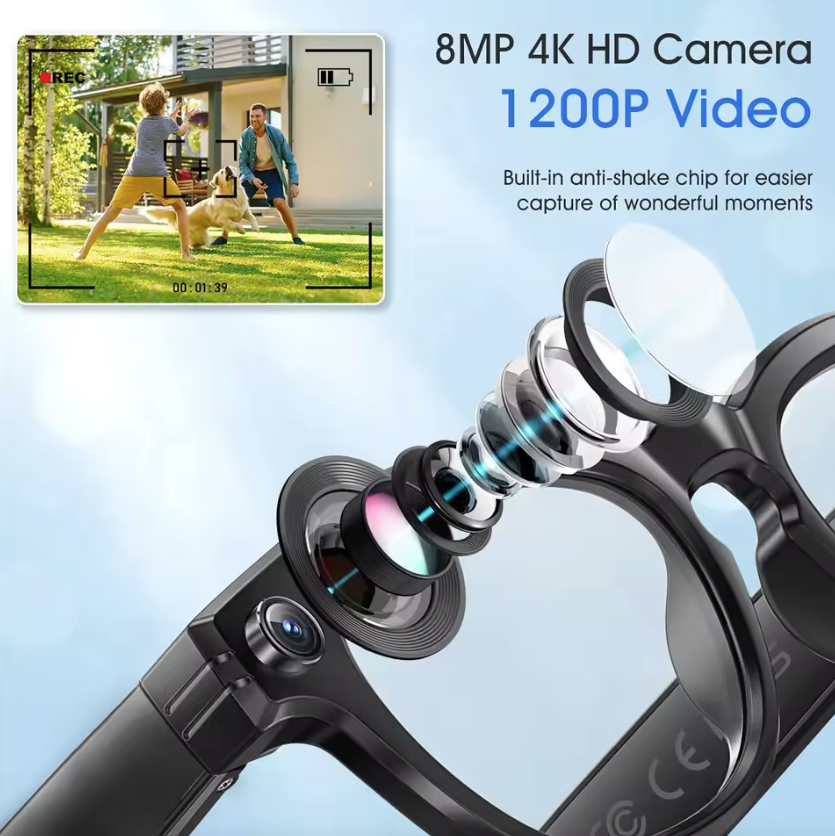 8MP AI Camera Smart Glasses with Translation, Recording, Waterproof, and Color-Changing
