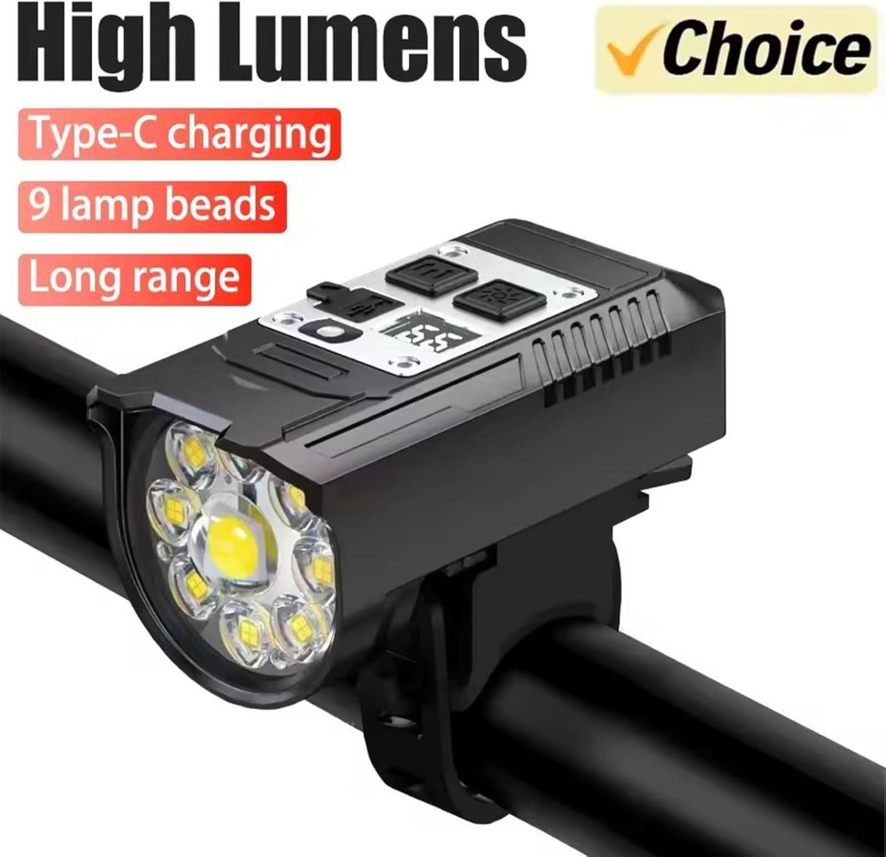 Bicyklový predný svetlomet 9 LED, nabíjateľný cez Type-C, vodotesné cyklistické svetlo