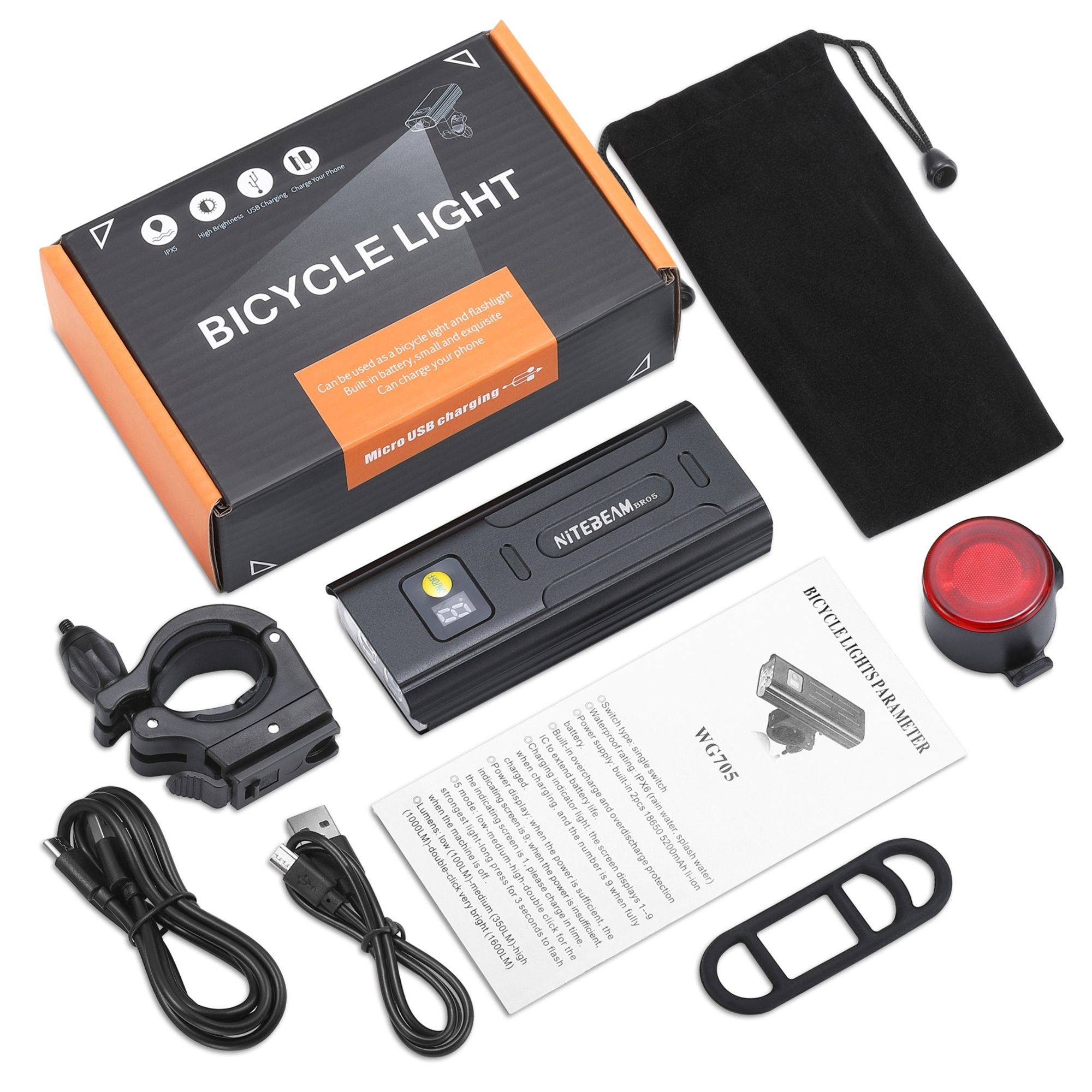 NiteBeam BR05 svetlá na bicykel 5000 lúmenov USB nabíjateľné cyklistické bezpečnostné nevyhnutné vybavenie s funkciou powerbanky