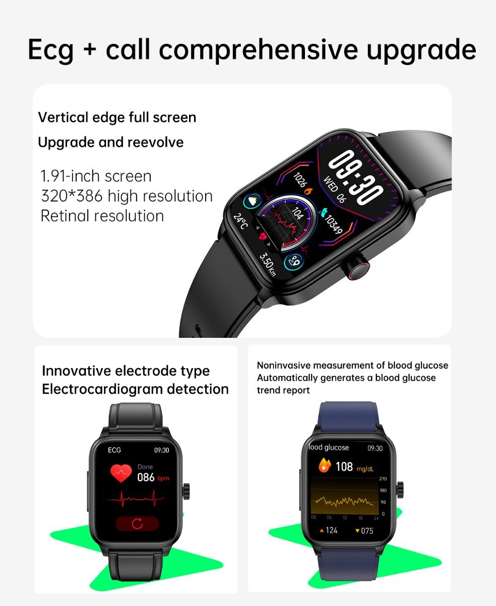 ET540 EKG Smartwatch s glukózou a telesnou teplotou, Bluetooth hovor, Fitness Sledovač pre Zdravie