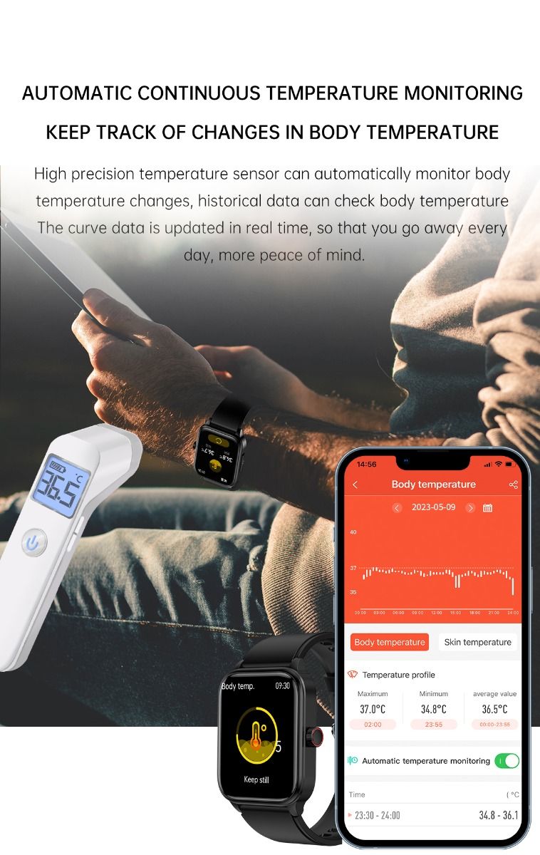 ET540 EKG Smartwatch s glukózou a telesnou teplotou, Bluetooth hovor, Fitness Sledovač pre Zdravie