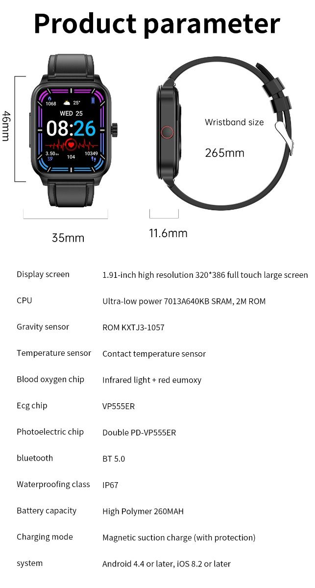 ET540 EKG Smartwatch s glukózou a telesnou teplotou, Bluetooth hovor, Fitness Sledovač pre Zdravie