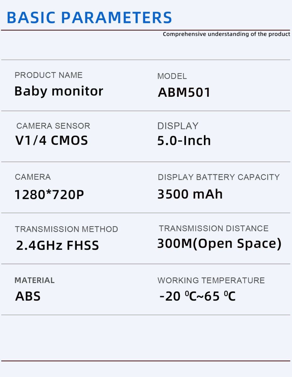 ABM501 Video detská monitorovacia kamera 2.4G bezdrôtová 5.0-palcový LCD nočné videnie obojsmerný audio pre bezpečnosť rodiny