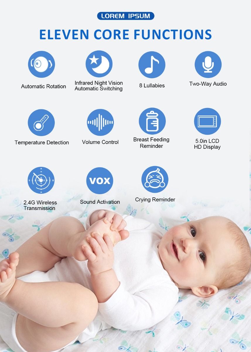 ABM501 Video detská monitorovacia kamera 2.4G bezdrôtová 5.0-palcový LCD nočné videnie obojsmerný audio pre bezpečnosť rodiny