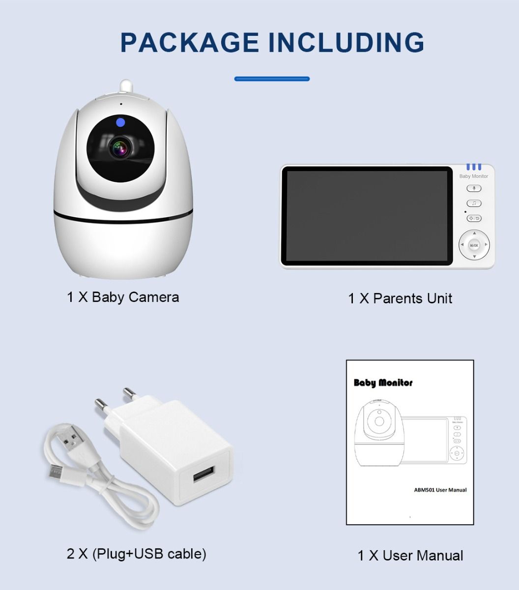 ABM501 Video detská monitorovacia kamera 2.4G bezdrôtová 5.0-palcový LCD nočné videnie obojsmerný audio pre bezpečnosť rodiny