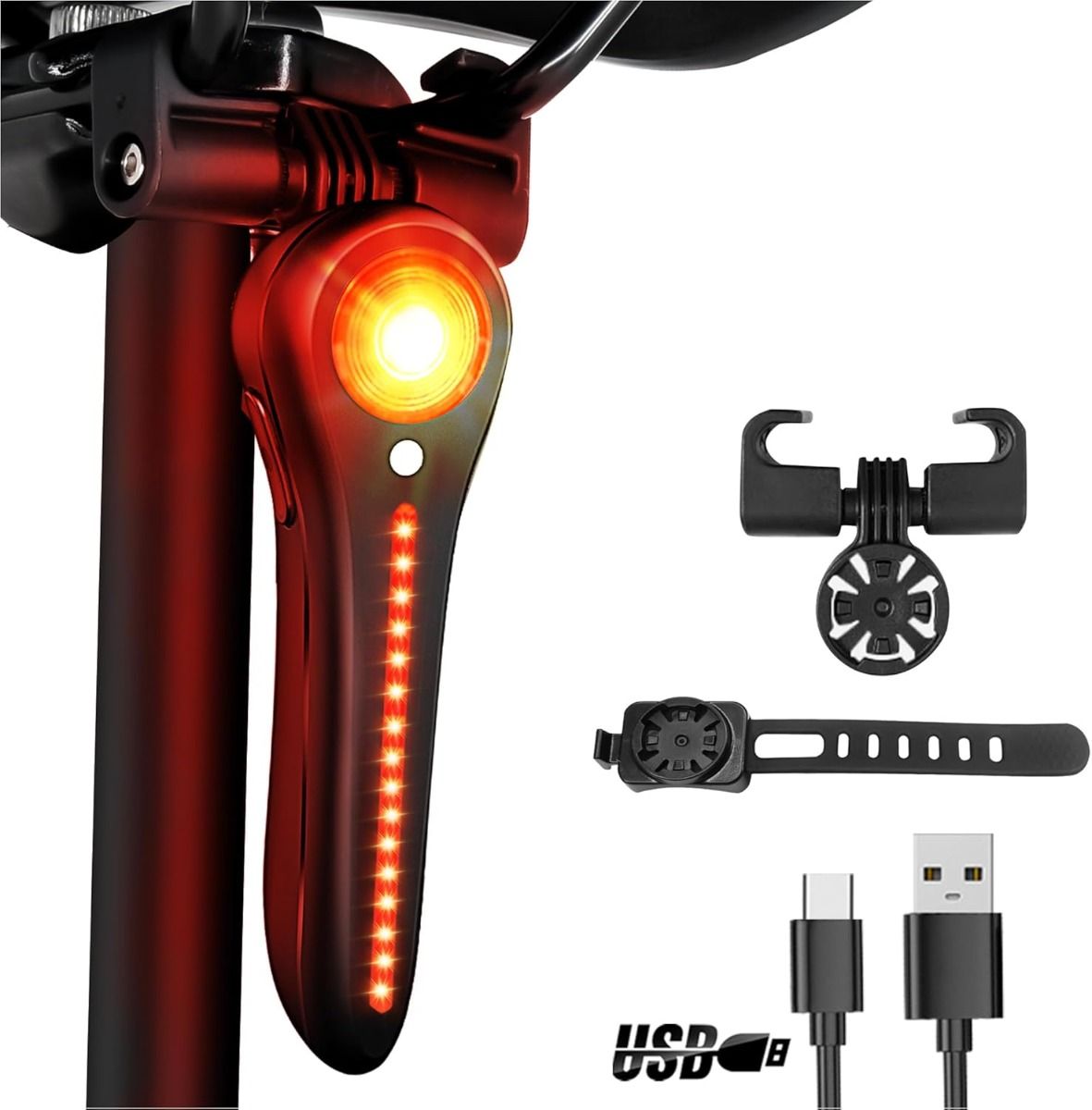 Inteligentné zadné svetlo na bicykel, nabíjateľné cez USB-C, super jasné zadné svetlo pre cestný a horský bicykel, cyklistické zadné svetlo.