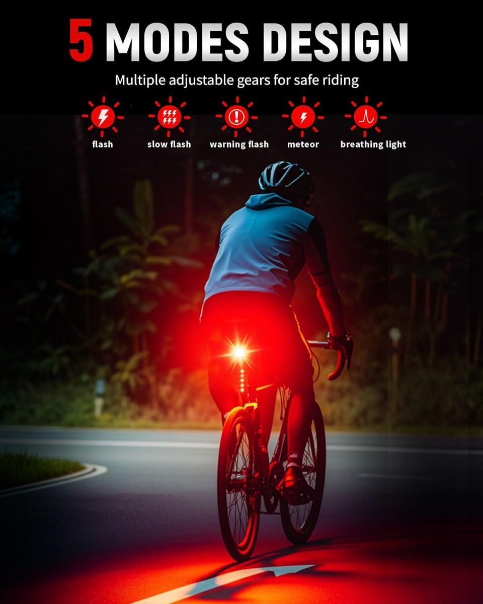 Inteligentné zadné svetlo na bicykel, nabíjateľné cez USB-C, super jasné zadné svetlo pre cestný a horský bicykel, cyklistické zadné svetlo.