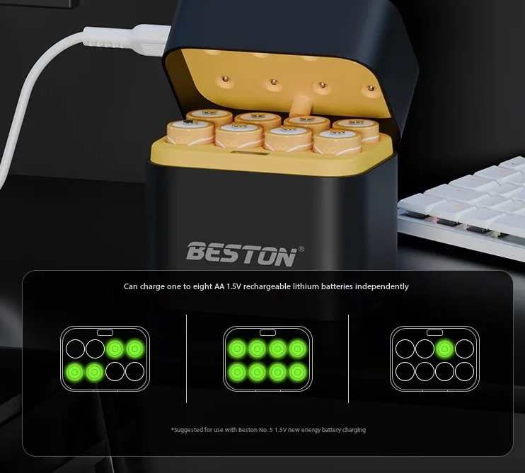 Beston Smart nabíjačka batérií 8 slotov pre AA s 3600mWh 1,5V nabíjateľnou lítiovou batériou – sada nabíjačky s rýchlym nabíjaním