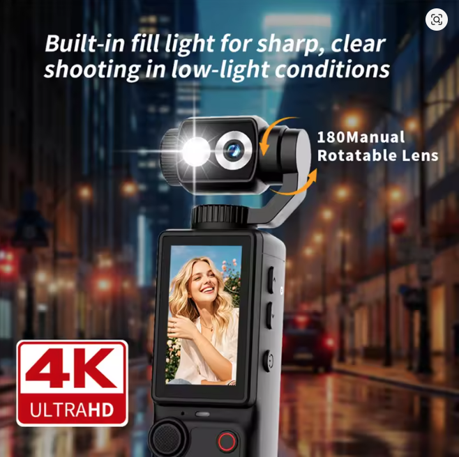 Vlogging Camera with 180° Rotating Lens, 4K, WiFi, for Motorcycle