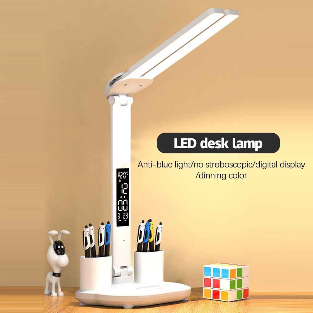 LED stolná lampa s držiakom na perá, vstavaným kalendárom, nastaviteľným jasom a ochranou očí pre domácu kanceláriu.