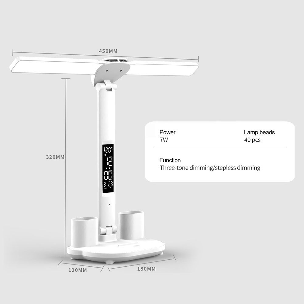 LED stolná lampa s držiakom na perá, vstavaným kalendárom, nastaviteľným jasom a ochranou očí pre domácu kanceláriu.