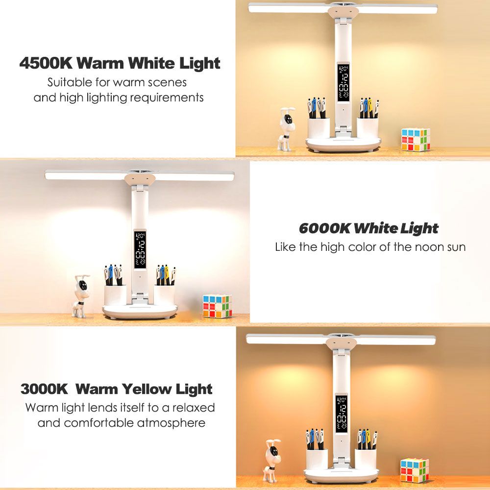 LED stolná lampa s držiakom na perá, vstavaným kalendárom, nastaviteľným jasom a ochranou očí pre domácu kanceláriu.