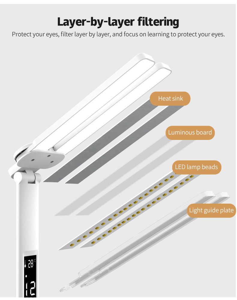LED stolná lampa s držiakom na perá, vstavaným kalendárom, nastaviteľným jasom a ochranou očí pre domácu kanceláriu.