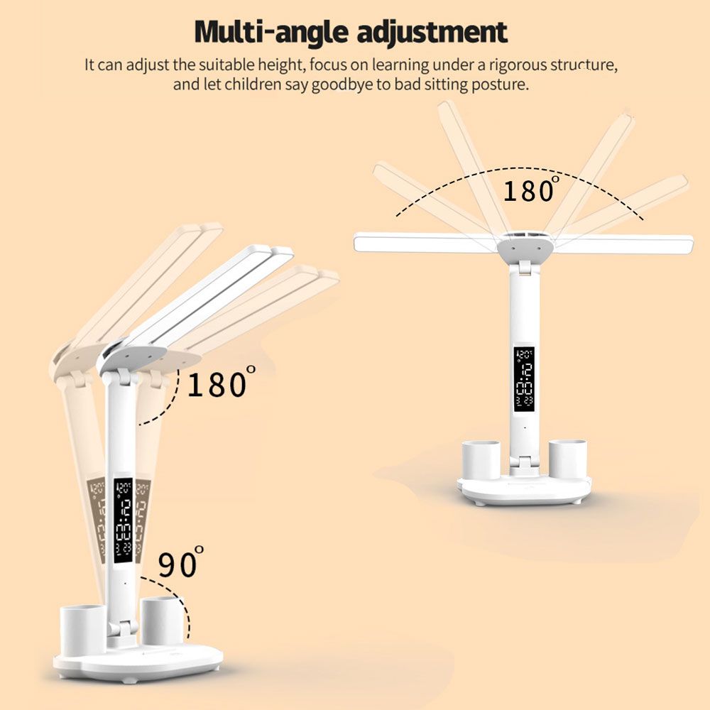 LED stolná lampa s držiakom na perá, vstavaným kalendárom, nastaviteľným jasom a ochranou očí pre domácu kanceláriu.