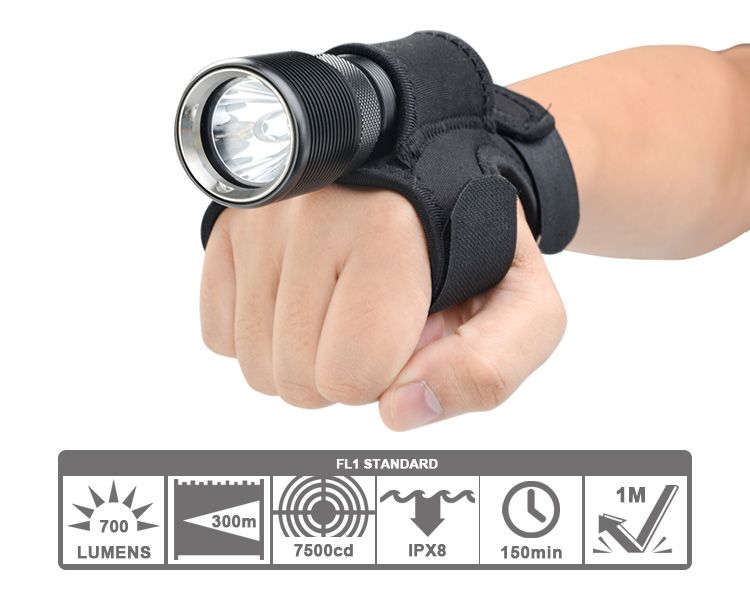 TrustFire TR-DF008 LED potápačská baterka 700 lúmenov, 3-režimový magnetický spínač, odolná, vodotesná baterka IPX8