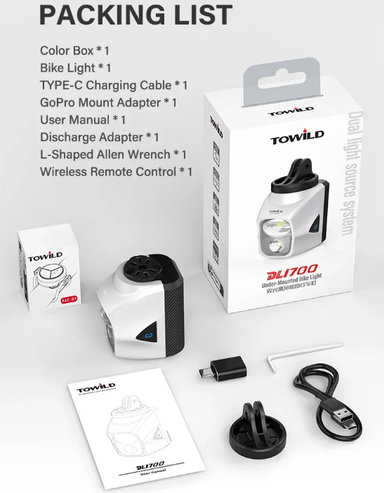 TOWILD DLite 1700 USB nabíjateľné bicyklové svetlo 1900 lúmenov vodotesné predné svetlo cyklistické DL1700 bicyklové svetlá