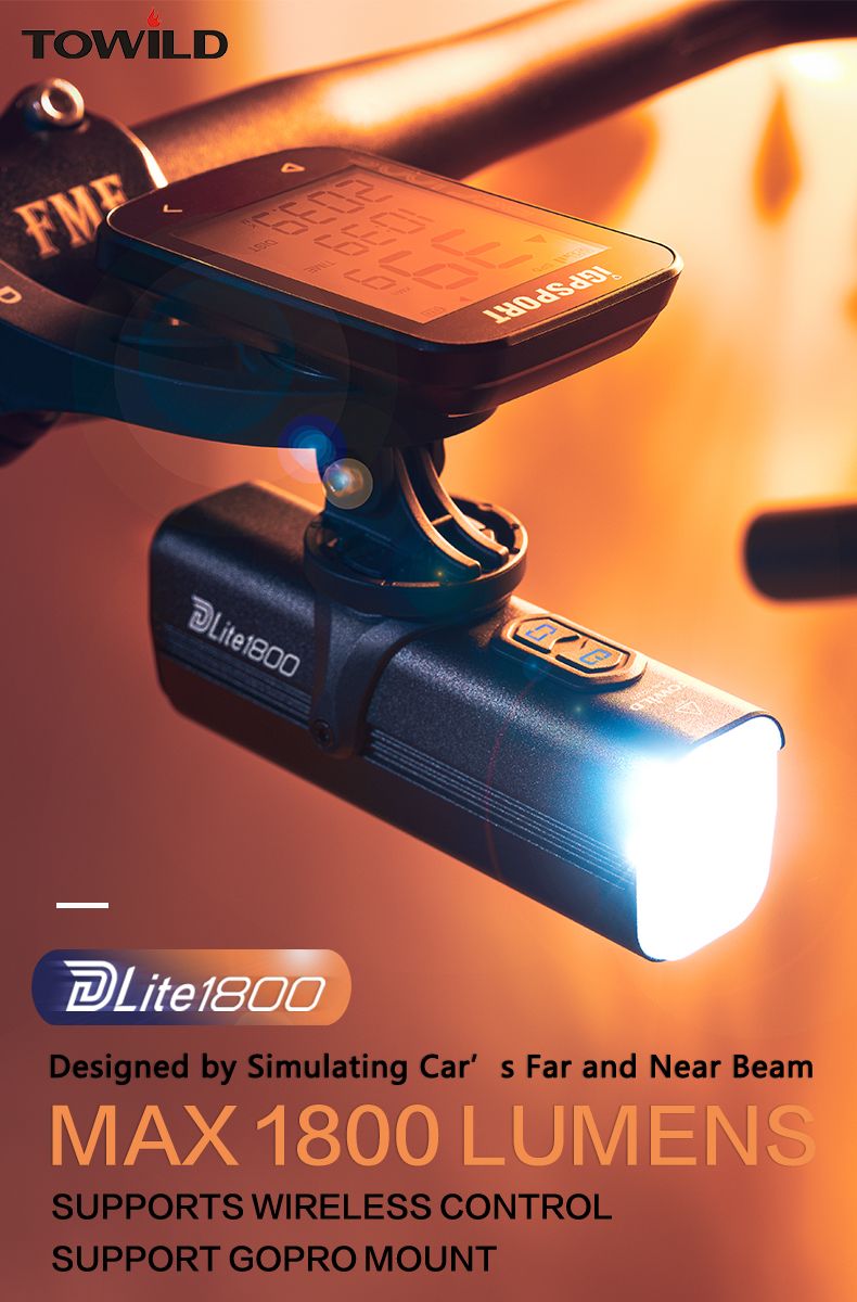 TOWILD DLite 1800 USB nabíjateľné bicyklové svetlo 2100 lúmenov vodotesný predný reflektor bezpečnosť na bicykel 5000mAh batéria