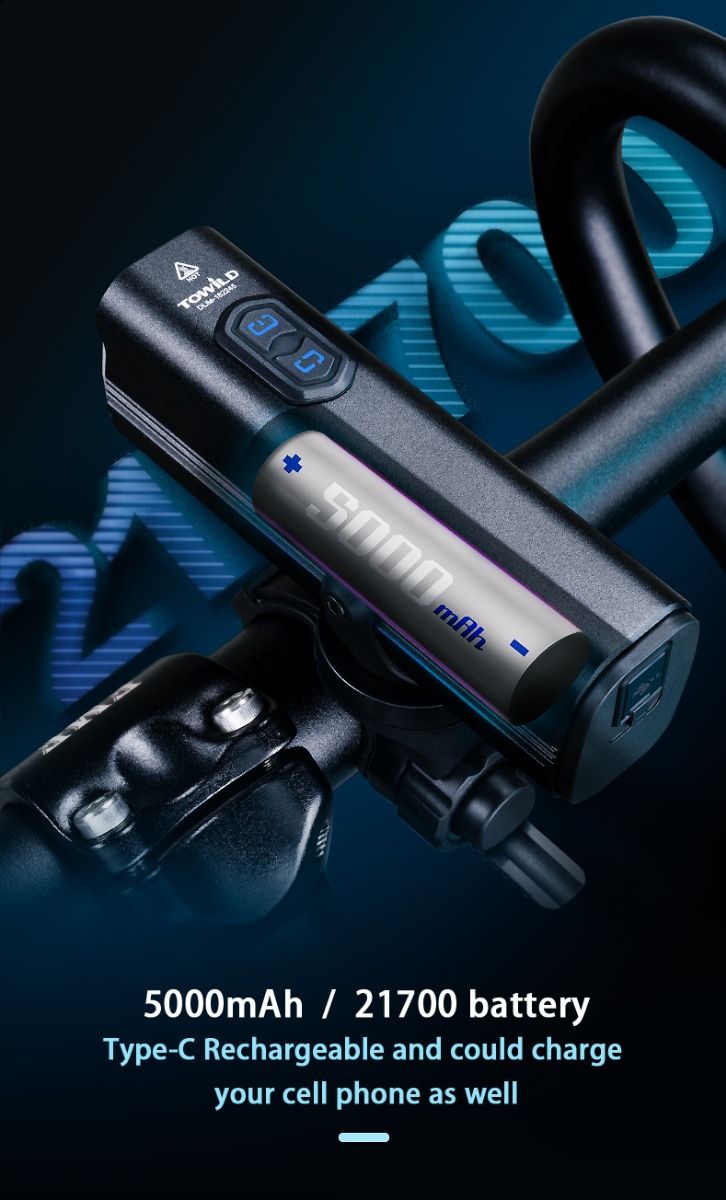 TOWILD DLite 1800 USB nabíjateľné bicyklové svetlo 2100 lúmenov vodotesný predný reflektor bezpečnosť na bicykel 5000mAh batéria