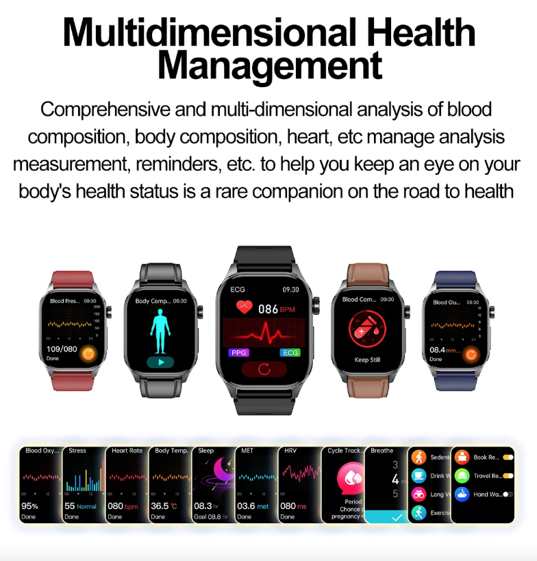 E580 inteligentné hodinky: Meranie glukózy, EKG, srdca a tlaku. IP68. Váš strážca zdravia!