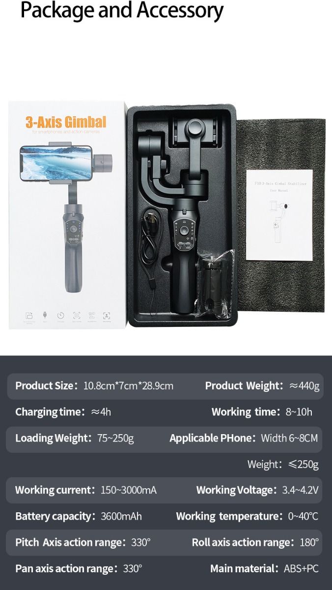 F10 Pro Stabilizátor 3-osový gimbal pre telefón na mobilné filmovanie s kompatibilitou so smartfónmi a rozpoznávaním tváre