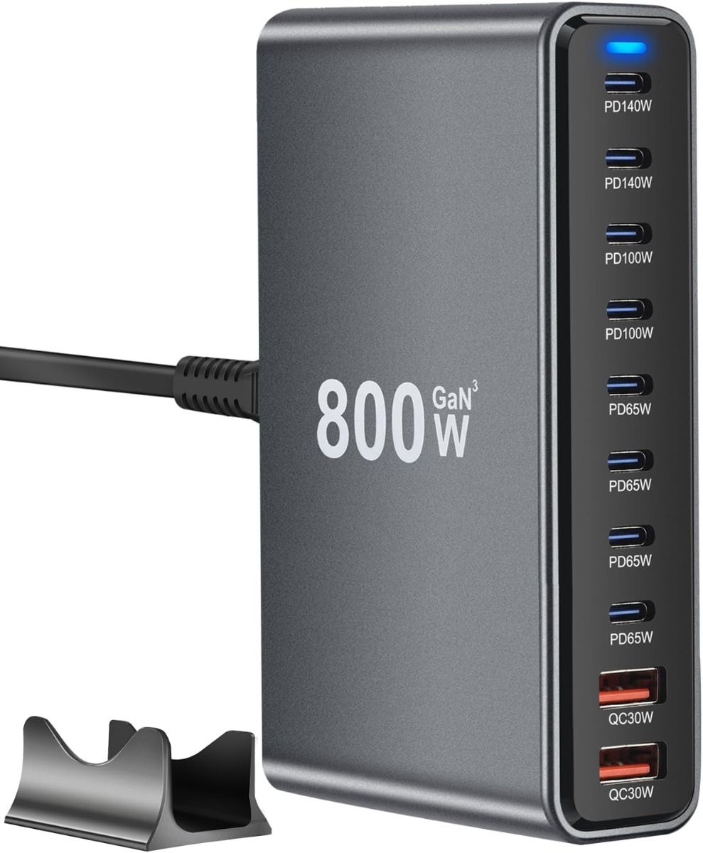 800W USB-C rýchla nabíjačka, 10-portová USB nabíjacia stanica, GaN Ⅲ Pro Dual 140W PD PPS portová kompatibilná nabíjačka