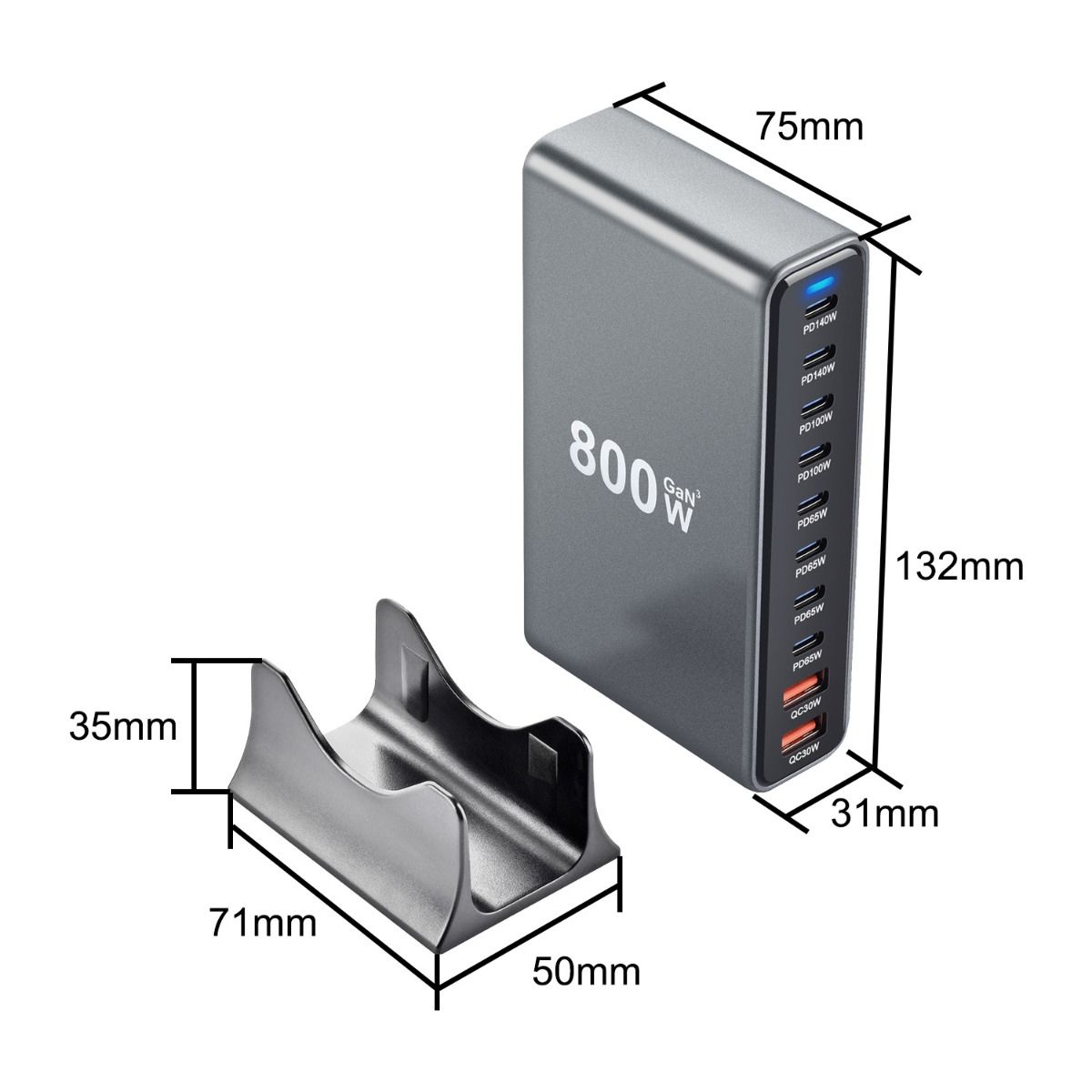 800W USB-C rýchla nabíjačka, 10-portová USB nabíjacia stanica, GaN Ⅲ Pro Dual 140W PD PPS portová kompatibilná nabíjačka
