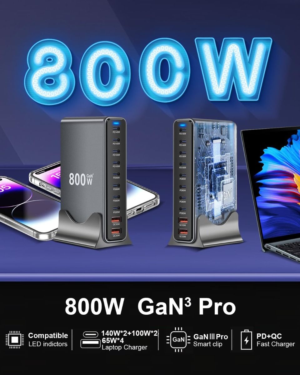800W USB-C rýchla nabíjačka, 10-portová USB nabíjacia stanica, GaN Ⅲ Pro Dual 140W PD PPS portová kompatibilná nabíjačka