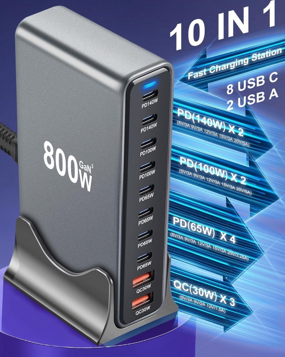 800W USB-C rýchla nabíjačka, 10-portová USB nabíjacia stanica, GaN Ⅲ Pro Dual 140W PD PPS portová kompatibilná nabíjačka