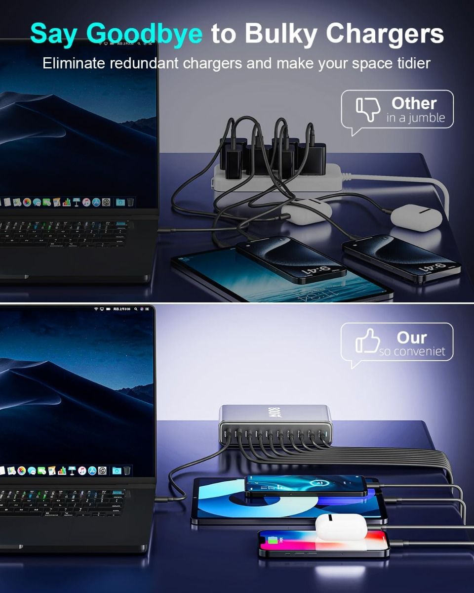800W USB-C rýchla nabíjačka, 10-portová USB nabíjacia stanica, GaN Ⅲ Pro Dual 140W PD PPS portová kompatibilná nabíjačka