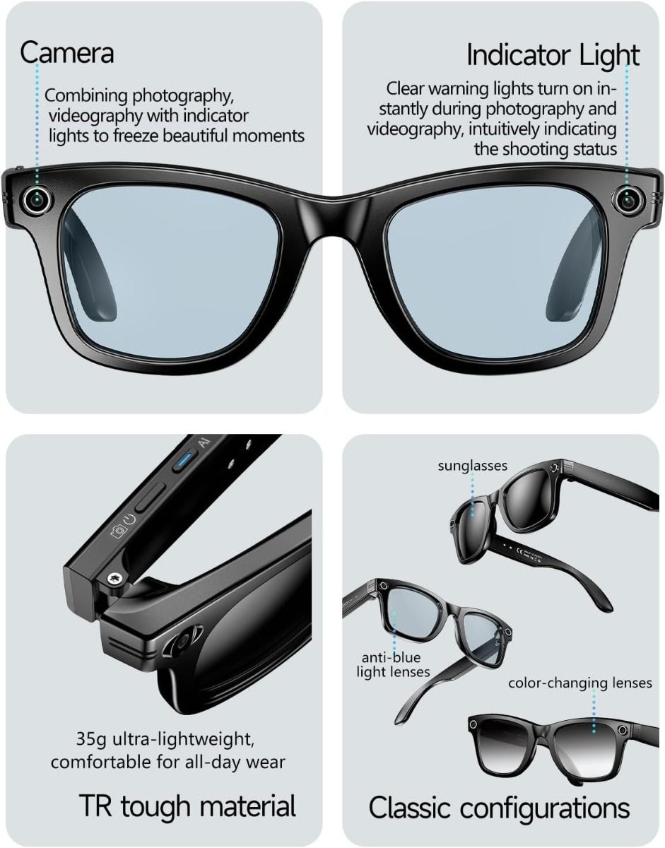 AI Smart Prekladové Okuliare s Kamerou, Bluetooth, UV a Anti-Modré Svetlo pre Hovory a Hudbu