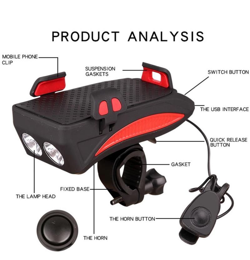 Multifunkčné 4 v 1 MTB svetlo USB nabíjateľné LED bicyklové predné svetlo s klaksónom držiak na telefón cyklistické vybavenie