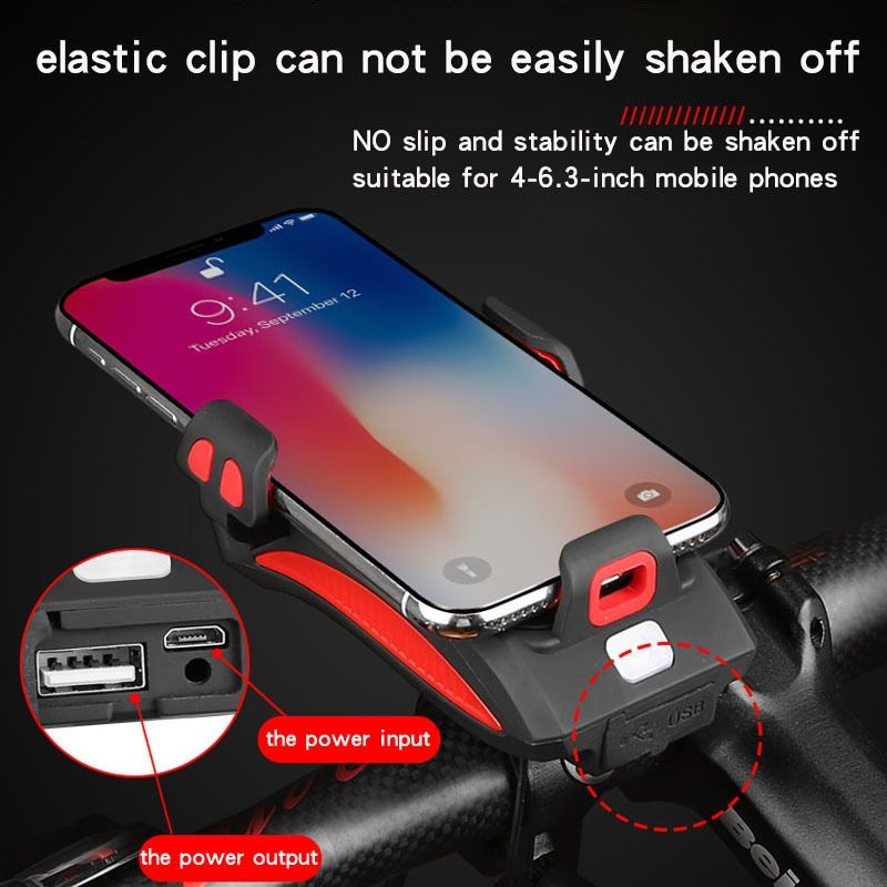 Multifunkčné 4 v 1 MTB svetlo USB nabíjateľné LED bicyklové predné svetlo s klaksónom držiak na telefón cyklistické vybavenie