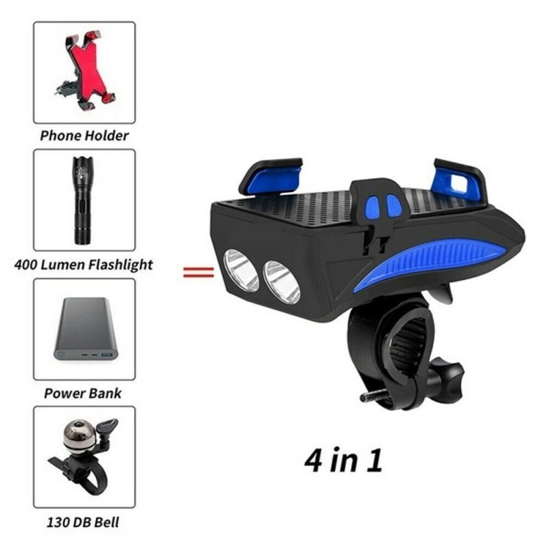 Multifunkčné 4 v 1 MTB svetlo USB nabíjateľné LED bicyklové predné svetlo s klaksónom držiak na telefón cyklistické vybavenie