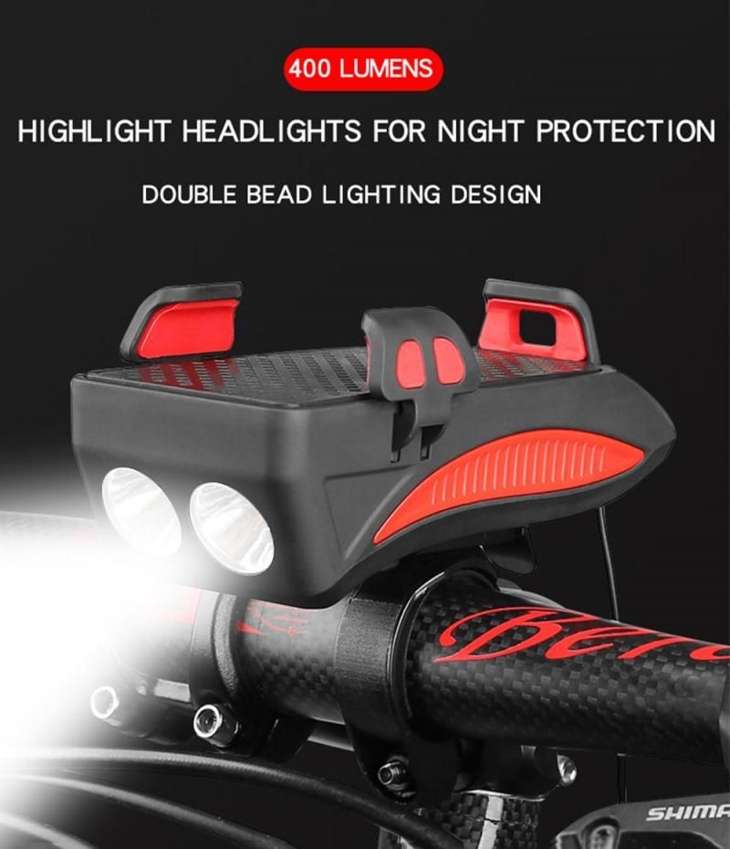 Multifunkčné 4 v 1 MTB svetlo USB nabíjateľné LED bicyklové predné svetlo s klaksónom držiak na telefón cyklistické vybavenie