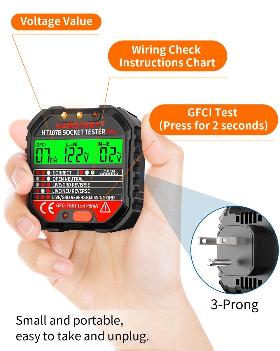 GFCI Receptacle Tester with LCD Display, 90-250V, 6 Visual Indications, CAT II 300V