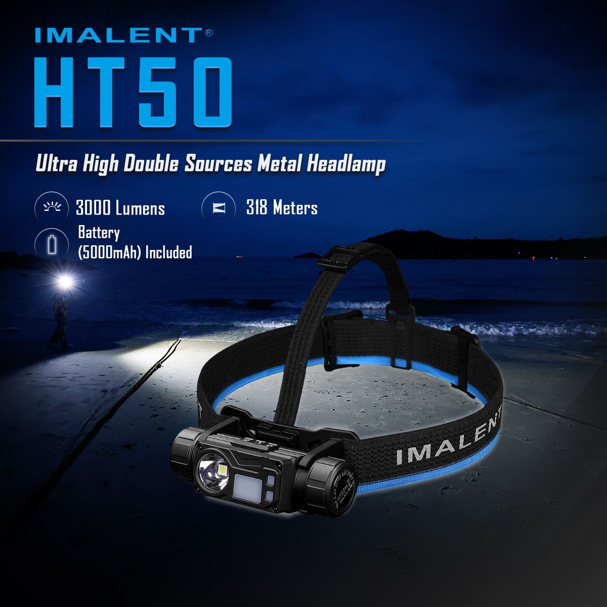 IMALENT HT50 LED dobrodružná čelovka s dvoma svetelnými zdrojmi, nabíjateľná, ľahký dizajn, vysoký svetelný výkon