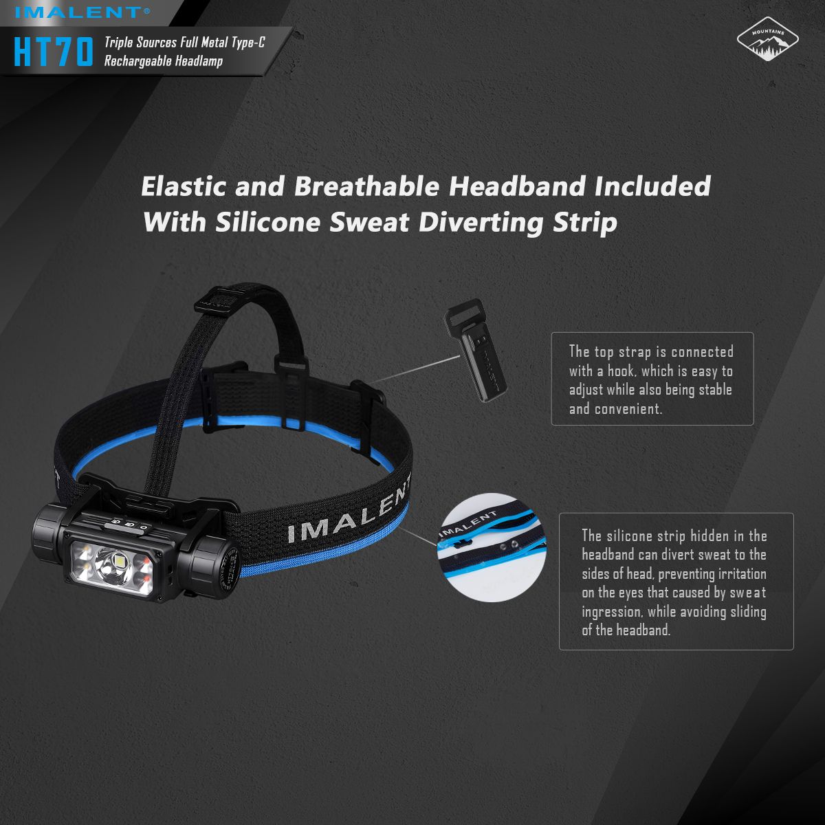 IMALENT HT70 Čelovka s tromi svetelnými zdrojmi 3500 lúmenov nabíjateľná ergonomický dizajn pre vonkajšie dobrodružstvá