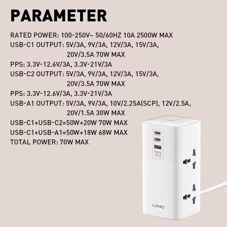 LDNIO Tower Multi Tap Cube Napájacia lišta so zásuvkami 70W Nabíjacie stanice 4 zásuvky Sieťový filter UK US EU Typ zástrčky na univerzálny adaptér