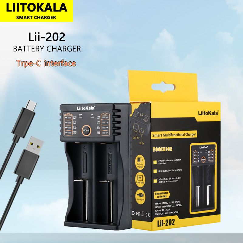 Liitokala Lii-202 Inteligentná nabíjačka pre 18650 26650 21700 NiMH lítiové batérie, dvojkanálová, USB výstup