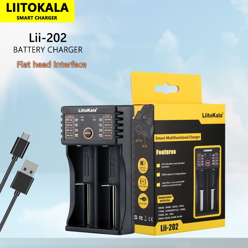 Liitokala Lii-202 Inteligentná nabíjačka pre 18650 26650 21700 NiMH lítiové batérie, dvojkanálová, USB výstup