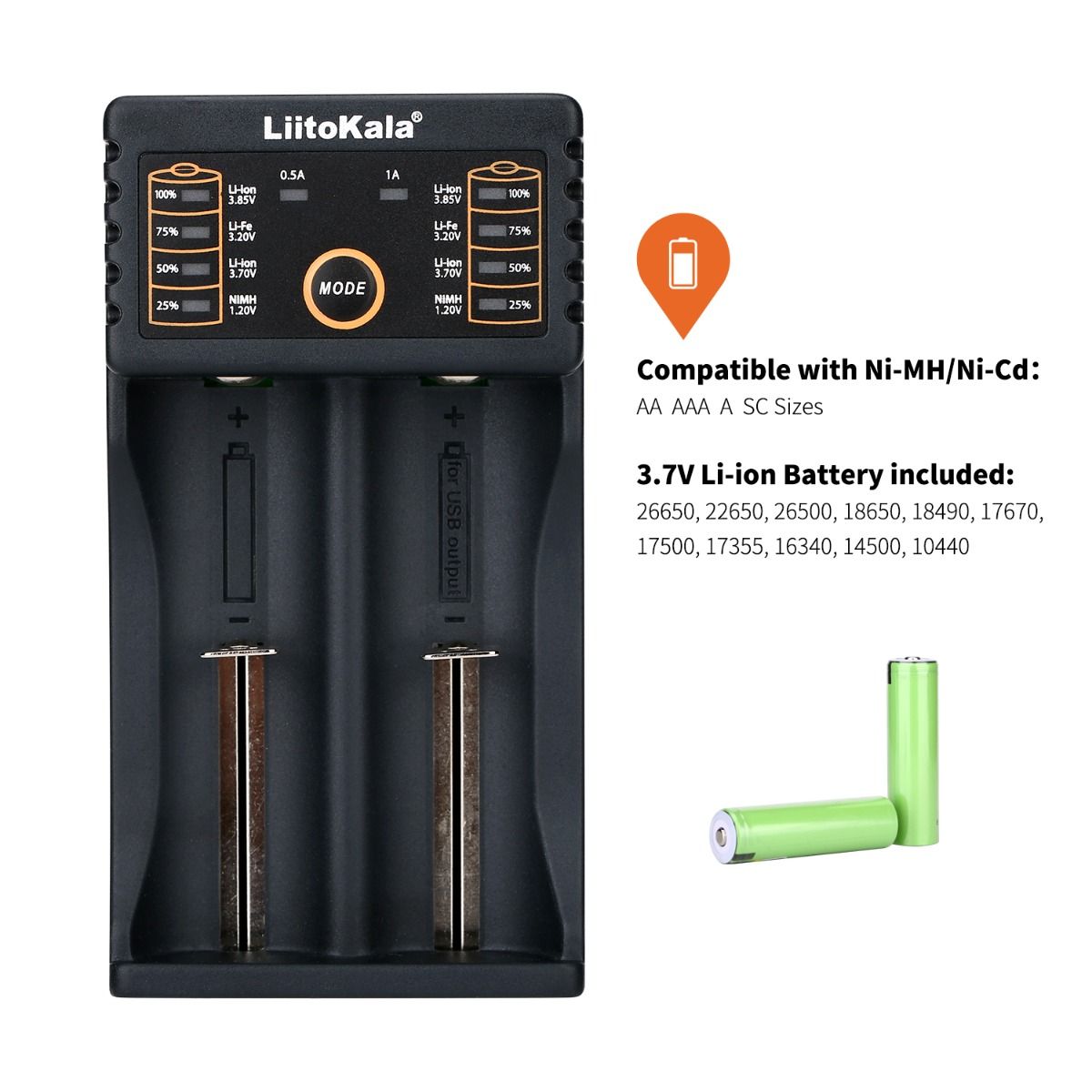 Liitokala Lii-202 Inteligentná nabíjačka pre 18650 26650 21700 NiMH lítiové batérie, dvojkanálová, USB výstup