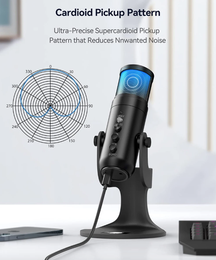 MU900PRO RGB USB mikrofón profesionálny kardioidný s dynamickým RGB osvetlením na podcasting a streamovanie